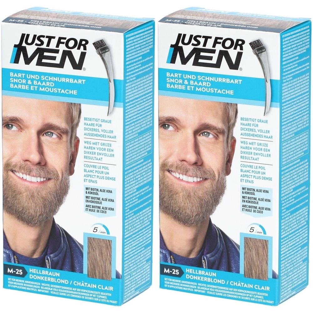 Twee dozen JUST FOR MEN® baard- en snorverf. Opschrift: M-25 Lichtbruin/Donkerblond/Châtain Clair. Afbeelding van een man met baard.