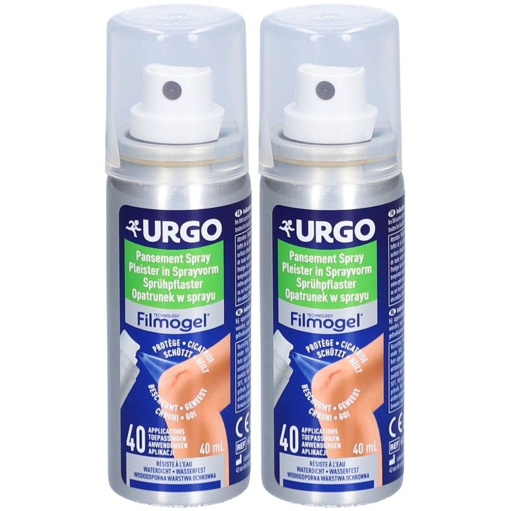 Twee URGO Pansement spray flacons. Zilverkleurige containers met witte sproeikop en transparante dop. Productnaam en logo.
