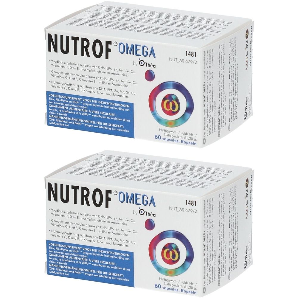 Twee witte dozen met NUTROF OMEGA. Meertalige opschriften. 60 capsules.