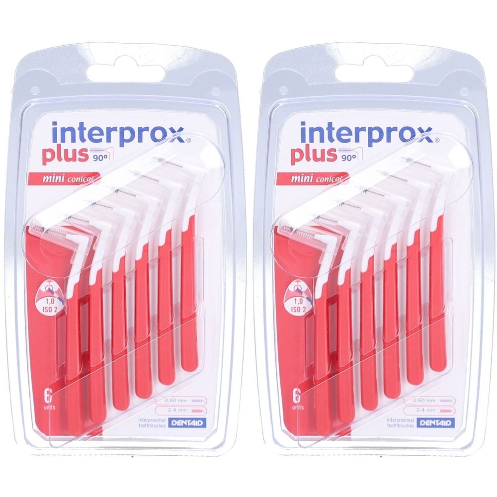 Twee blisters met rode, conische borstels. Opschrift: Interprox plus mini conical. 6 stuks.
