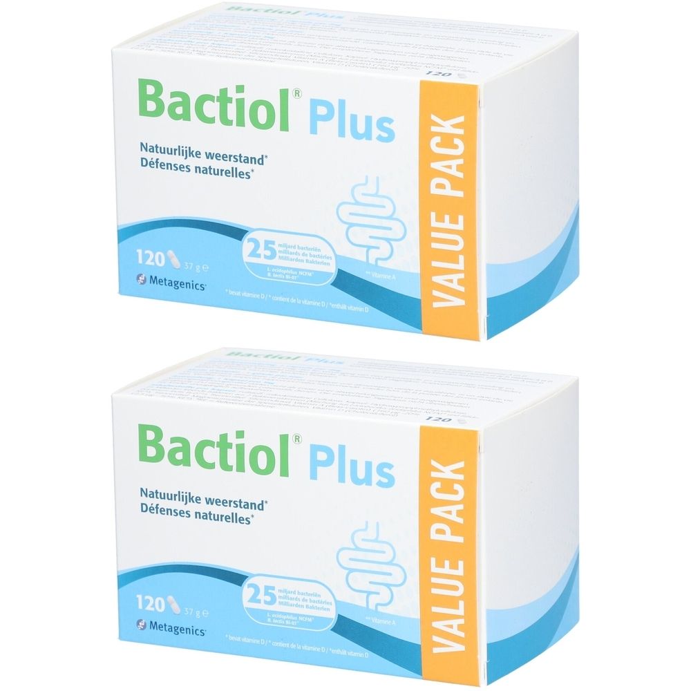 Twee witte dozen met "Bactiol Plus" erop. Opschrift: "Natuurlijke weerstand", "Défenses naturelles". Oranje opdruk "VALUE PACK".