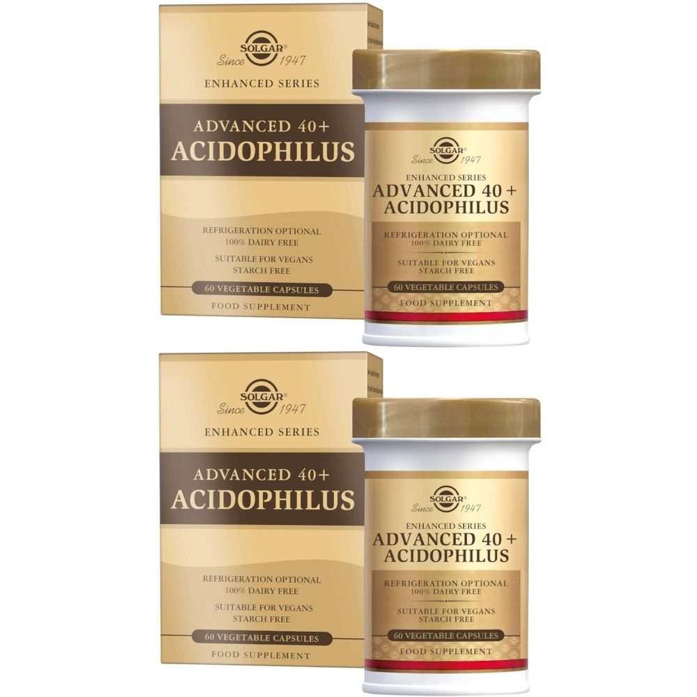 Twee dozen en flessen. Opschrift: Advanced 40+ Acidophilus. Merk: Solgar. Capsules.
