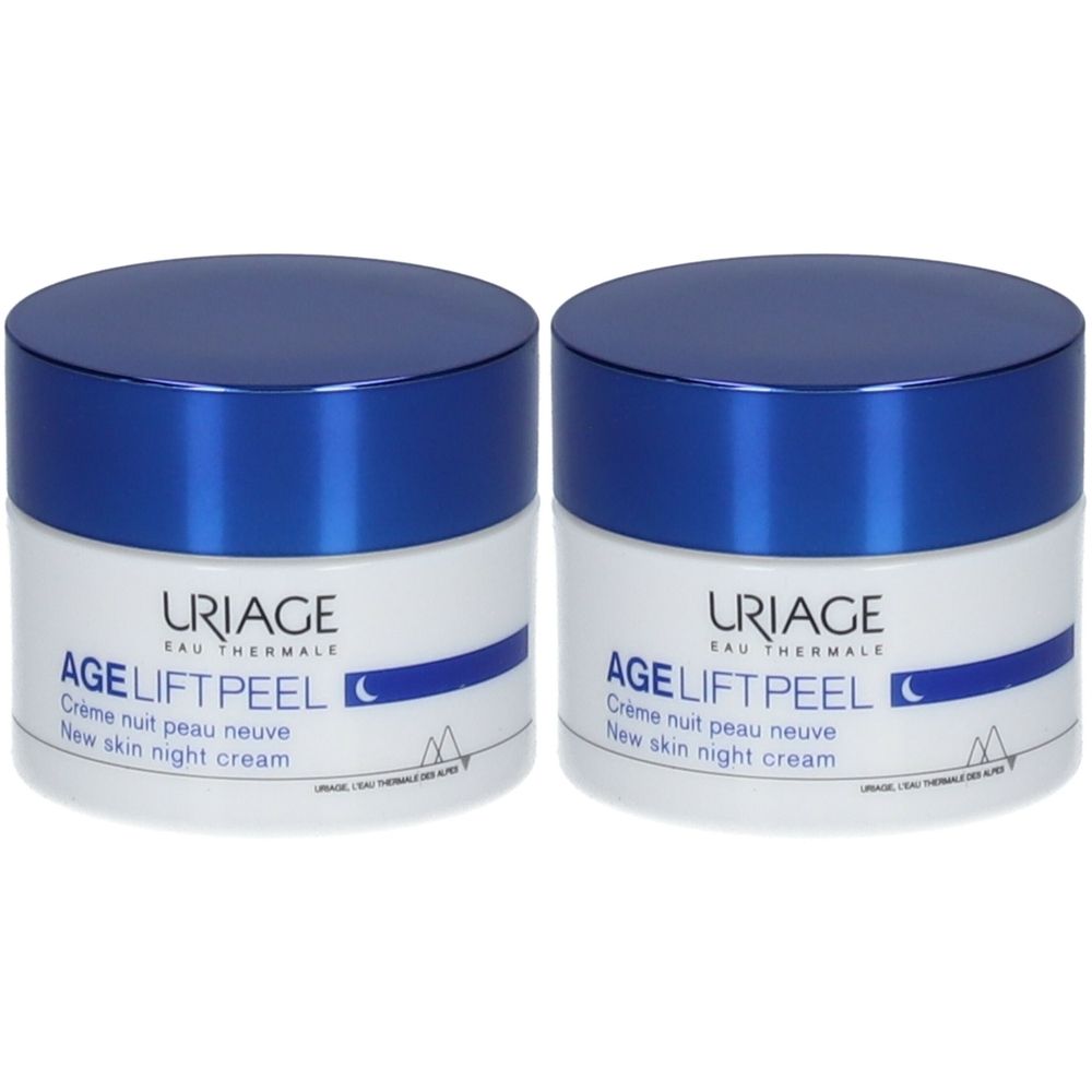 Twee potten Uriage Age Lift Peel nachtcrème. Witte potten met blauwe deksel. Tekst op het etiket.