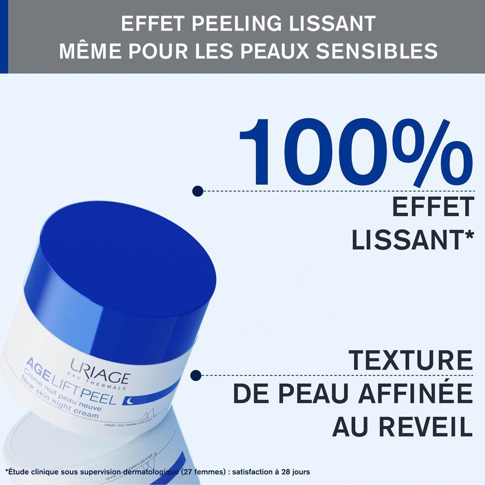 Pot de crème de nuit Uriage Age Lift Peel. Texte : Effet peeling lissant même pour les peaux sensibles.