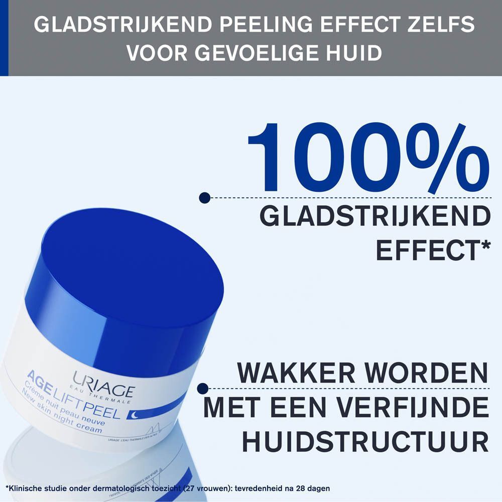 Pot Uriage Age Lift Peel nachtcrème. Tekst: Gladstrijkend peeling effect zelfs voor gevoelige huid.