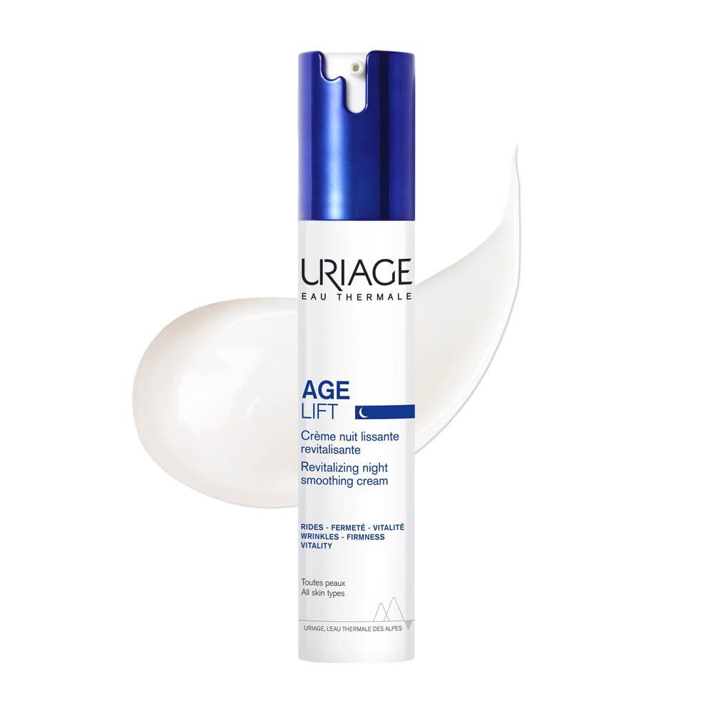 Uriage Age Lift nachtcrème fles met crème-applicatie. Witte fles met blauwe dop. Tekst: Age Lift, Crème nuit lissante.