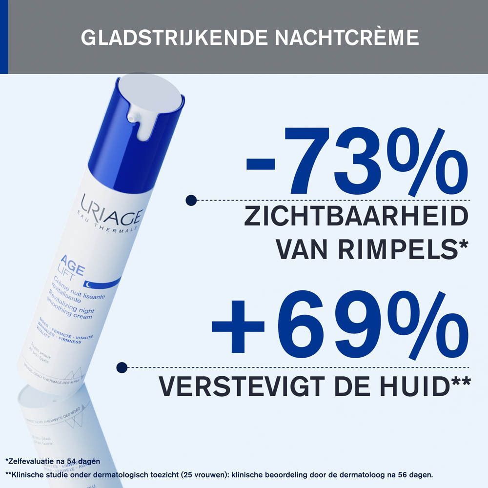 Uriage Age Lift nachtcrème met tekst: -73% Zichtbaarheid van rimpels, +69% Verstevigt de huid. Tekst: Gladstrijkende nachtcrème.
