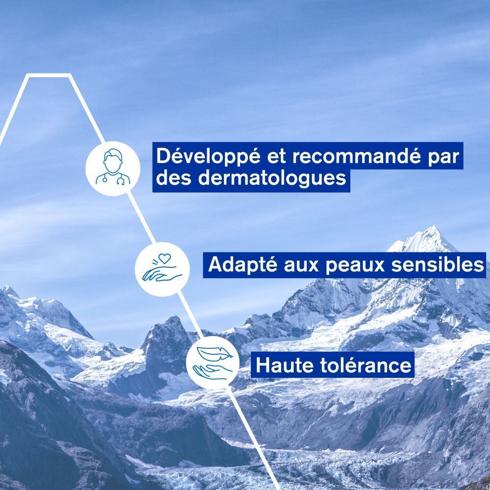 Graphique avec texte: Développé et recommandé par des dermatologues, Adapté aux peaux sensibles, Haute tolérance.