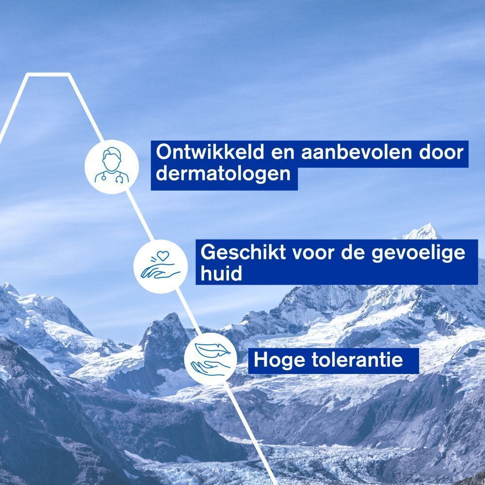 Grafiek met tekst: Ontwikkeld en aanbevolen door dermatologen, Geschikt voor de gevoelige huid, Hoge tolerantie.