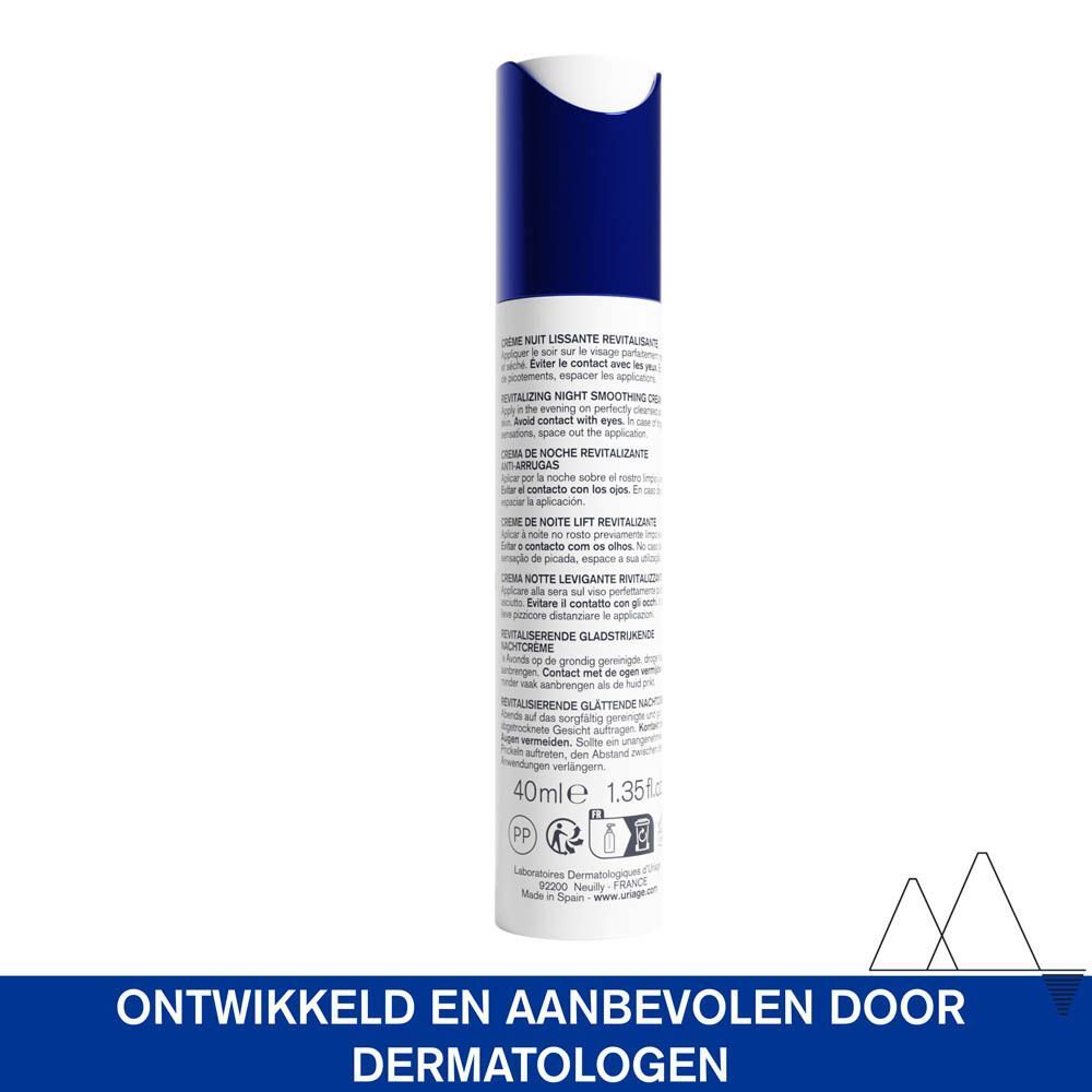 Achterkant van de Uriage Age Lift nachtcrème. Tekst: 40ml 1.35 fl.oz. Tekst: Ontwikkeld en aanbevolen door dermatologen.