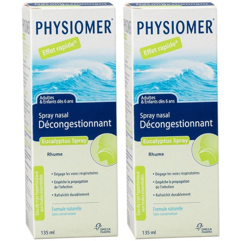 Twee dozen PHYSIOMER neusspray. Opschrift: Décongestionnant, Eucalyptus Spray, Rhume. Bevat 135 ml.