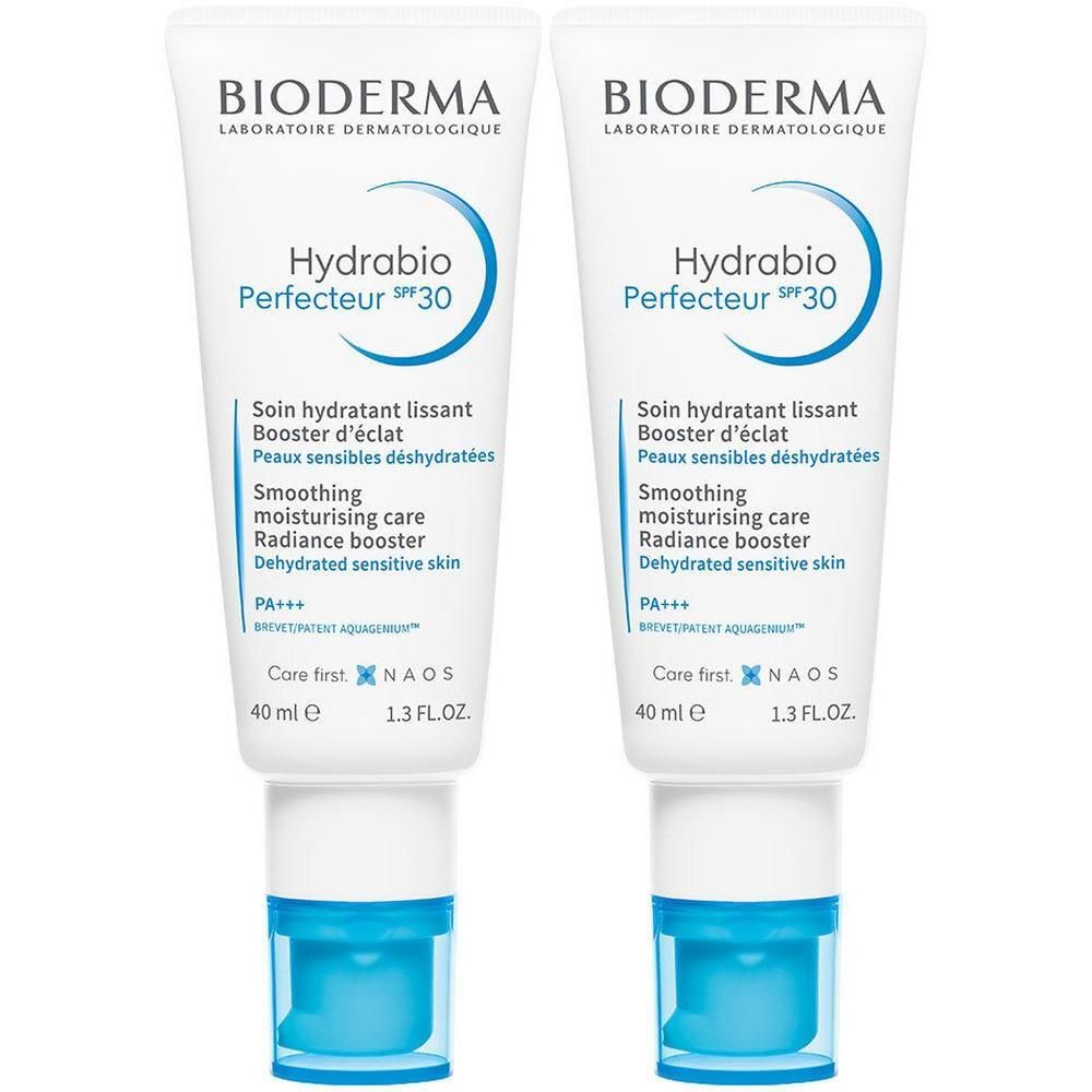 Deux tubes de Bioderma Hydrabio Perfecteur SPF30. Tubes blancs avec accents bleus. Inscription : Hydrabio Perfecteur SPF30, 40 ml.