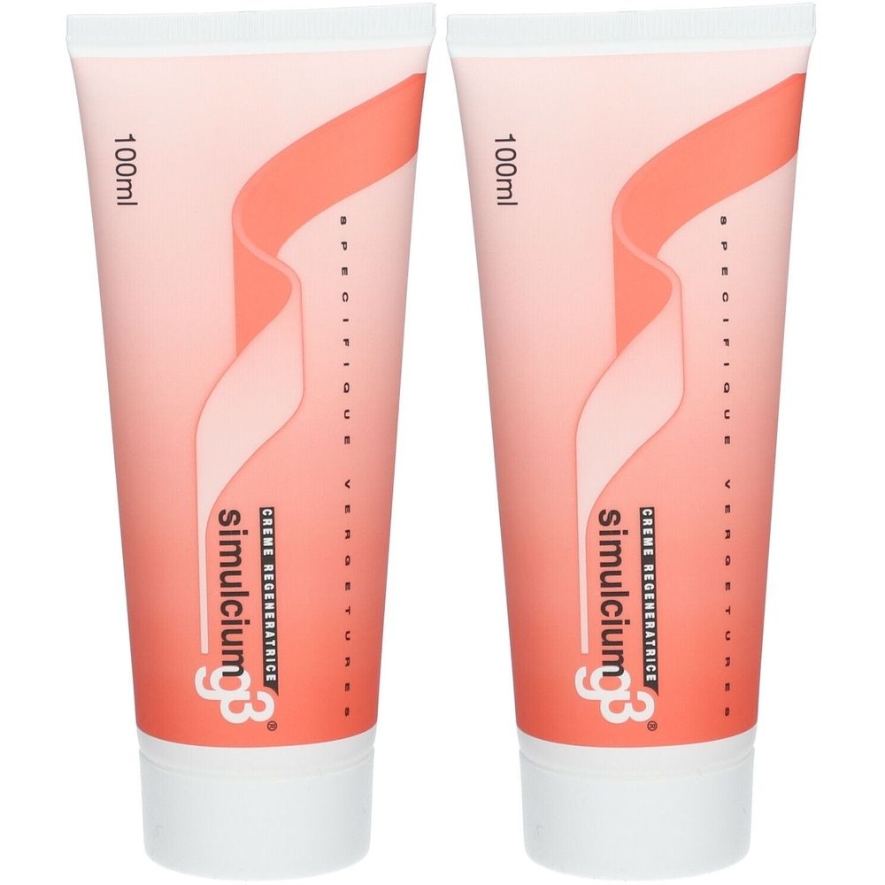 Twee tubes SIMULCIUM G3® Crème régénératrice. Roze-wit ontwerp met productnaam en tekst. Bovenin staat "100ml".