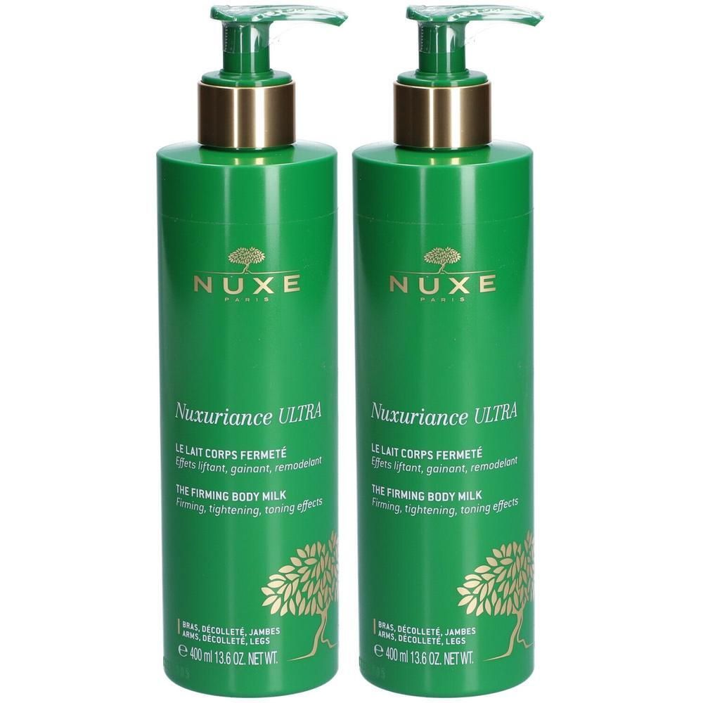 Twee groene flessen met gouden doppen. Opschrift: NUXE Nuxuriance Ultra, verstevigende body milk.