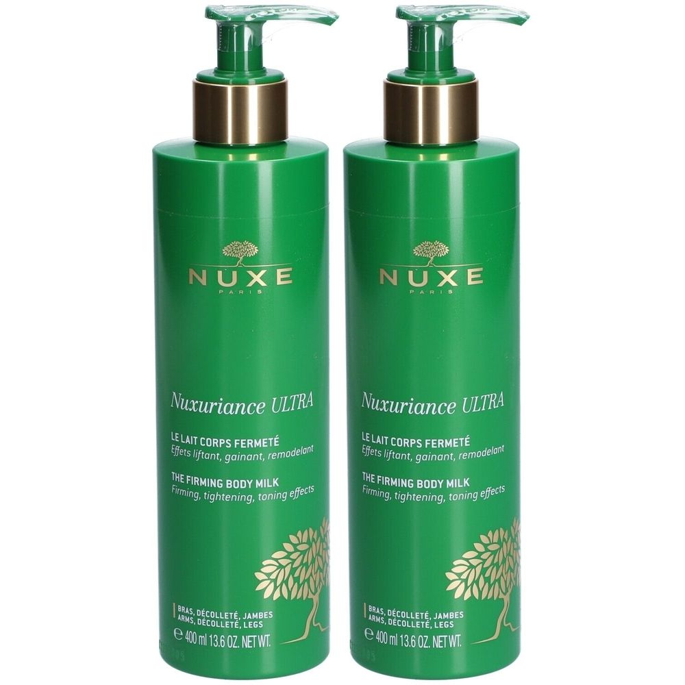 Deux flacons verts avec bouchons dorés. Inscription: NUXE Nuxuriance Ultra, Lait corps fermeté.