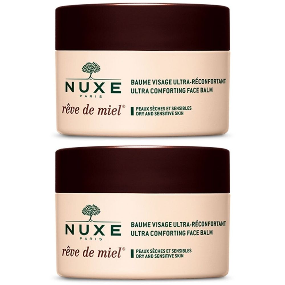 Twee potten NUXE Rêve de Miel® gezichtsbalsem. Beige potten met bruine deksels. Opschrift: NUXE, Rêve de Miel, Balsem.