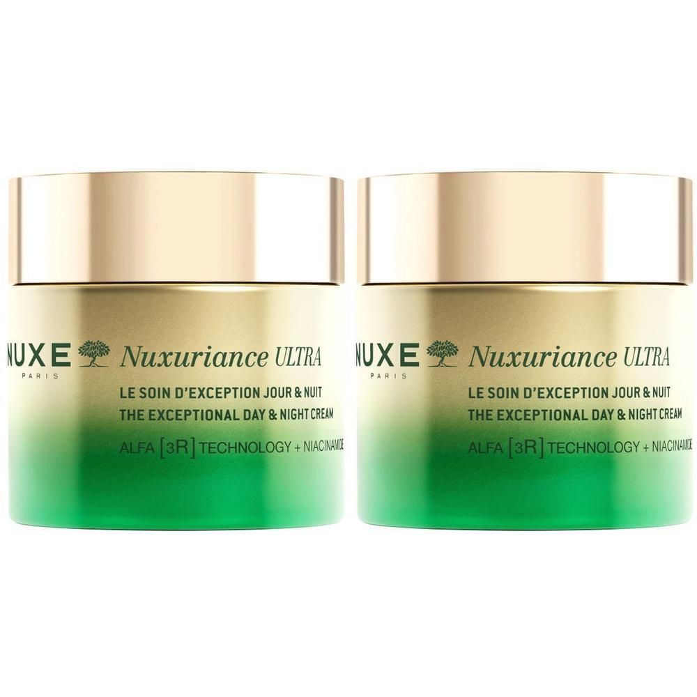 Twee potten Nuxe Nuxuriance Ultra. Gouden deksels, groene potten. Opschrift Nuxe Paris, The exceptional day & night cream.