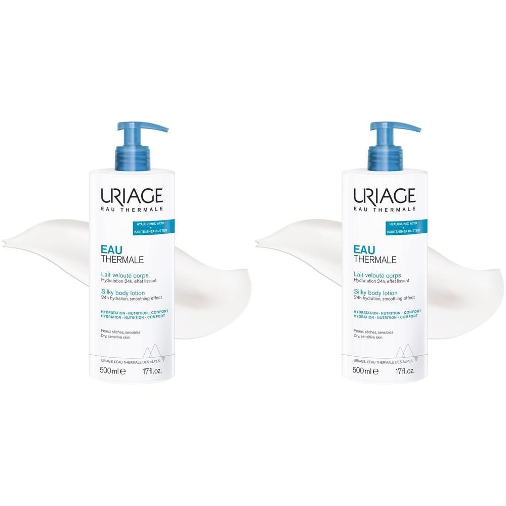 Deux flacons de lait corporel Uriage Eau Thermale. Flacons blancs avec pompe bleue. 500ml.