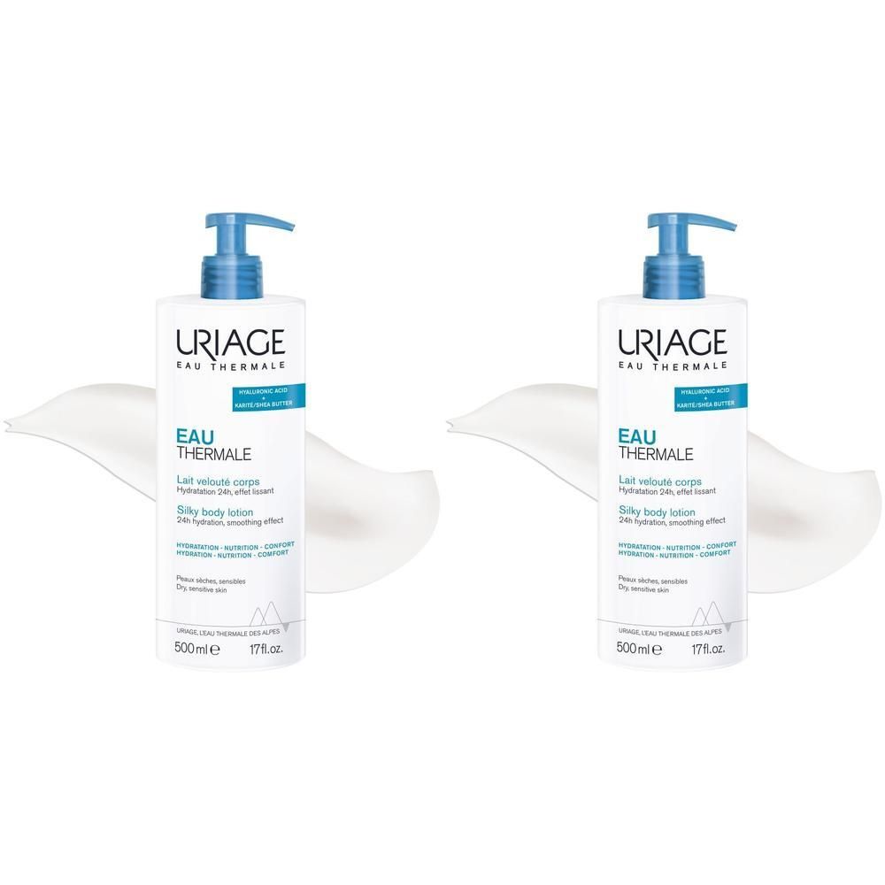 Twee flessen Uriage Eau Thermale bodylotion. Witte flessen met blauwe pomp. 500ml.