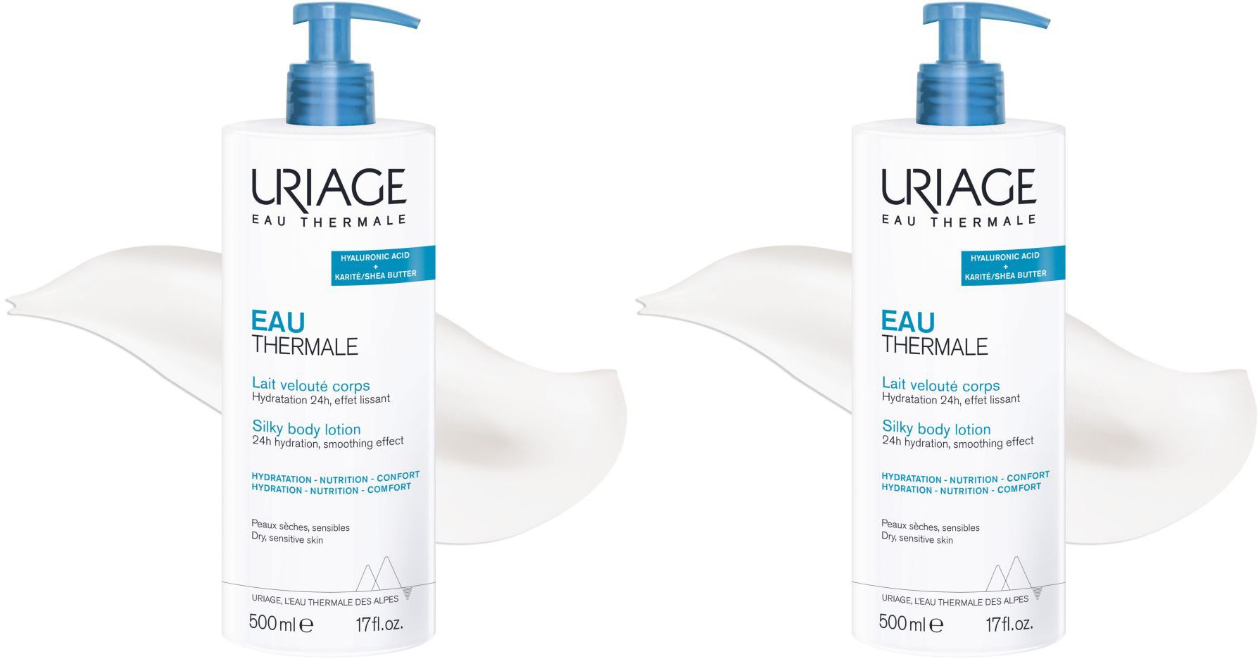 Deux flacons de lait corporel Uriage Eau Thermale. Flacons blancs avec pompe bleue. 500ml.