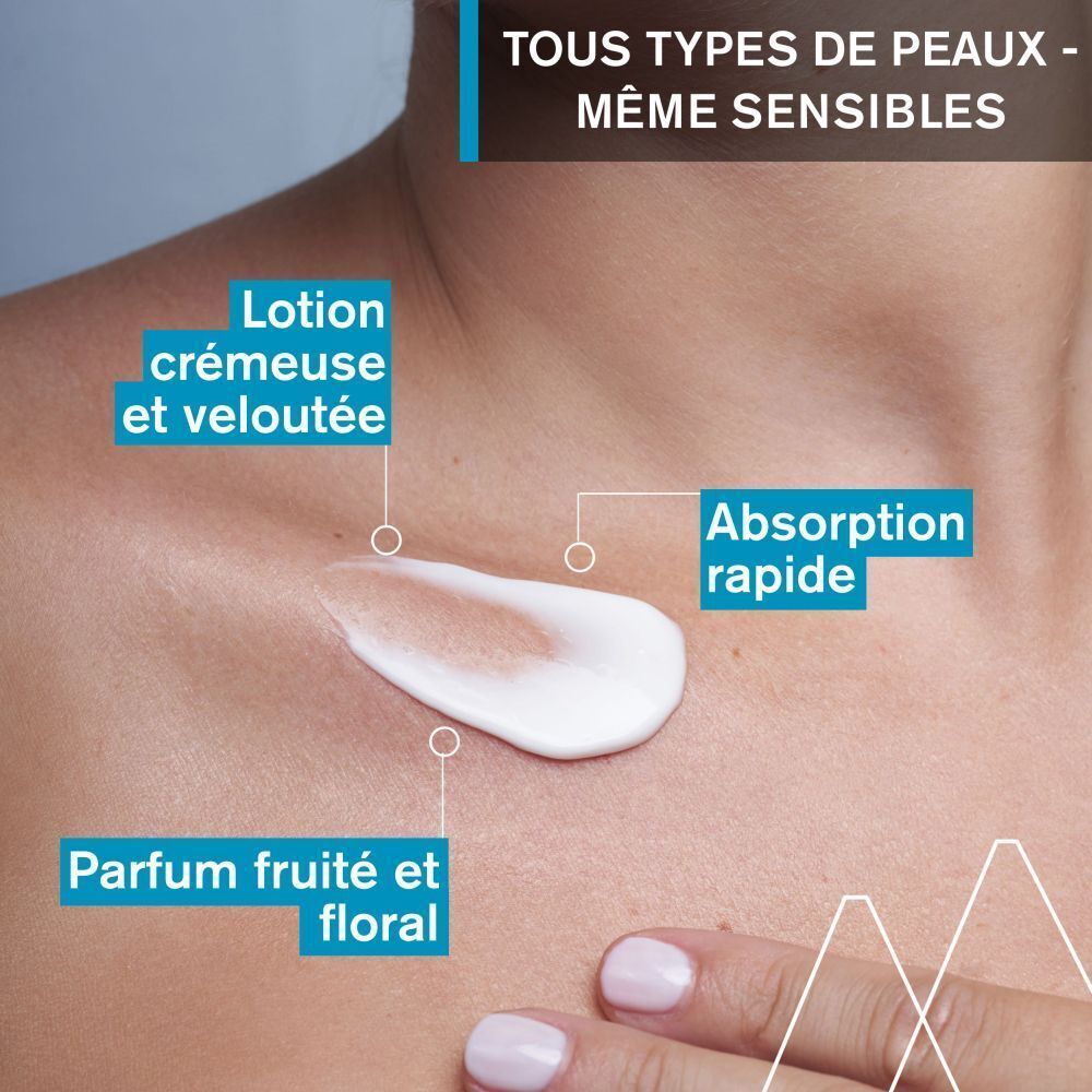Texte sur la peau : Lotion crémeuse et veloutée, absorption rapide, parfum fruité et floral.