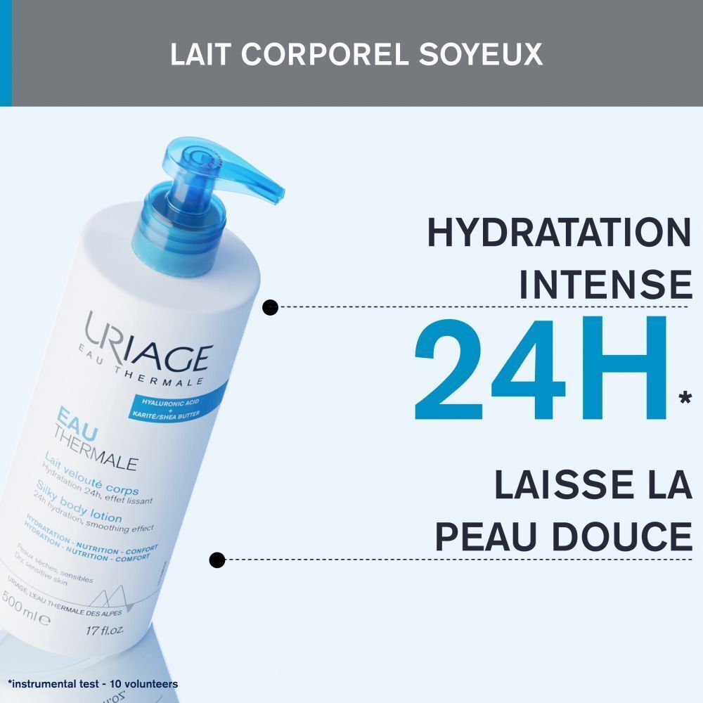Lait corporel Uriage Eau Thermale. Flacon avec pompe bleue. Texte : Hydratation intense 24H, laisse la peau douce.