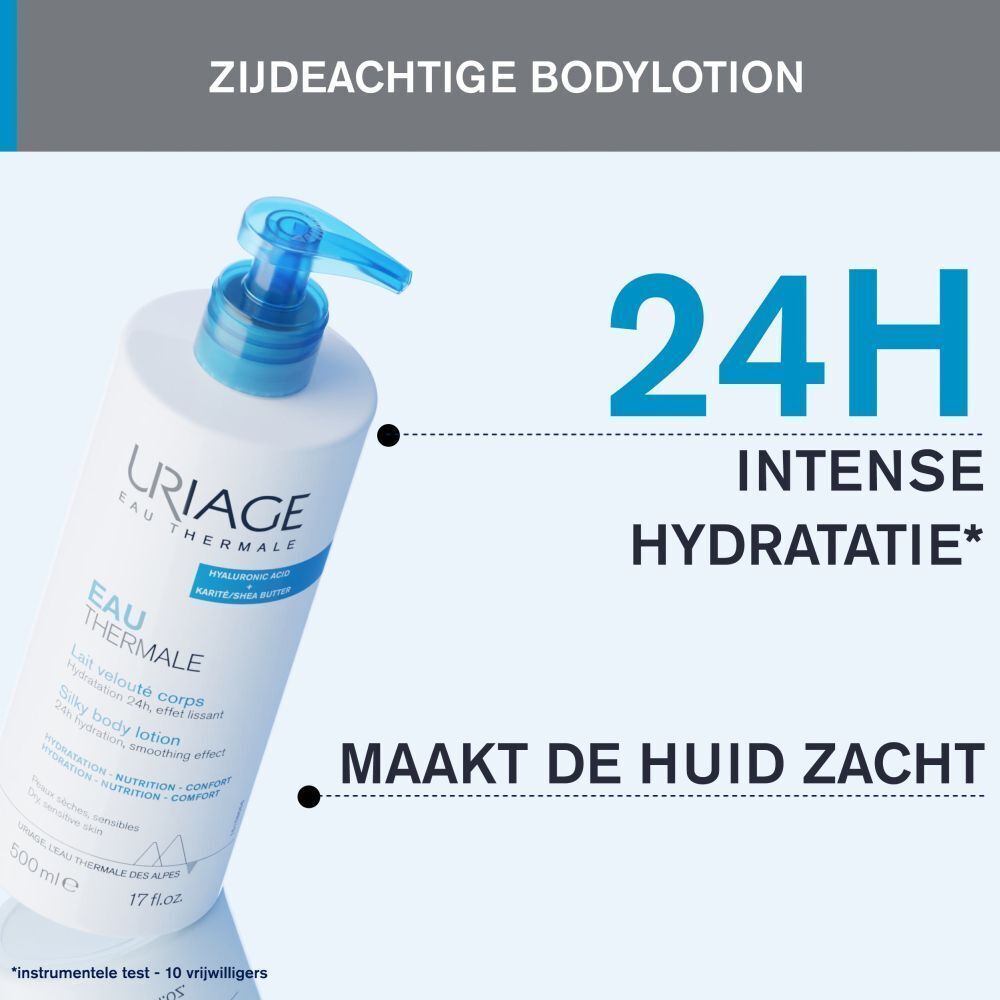 Uriage Eau Thermale bodylotion. Fles met blauwe pomp. Tekst: 24H intense hydratatie, maakt de huid zacht.