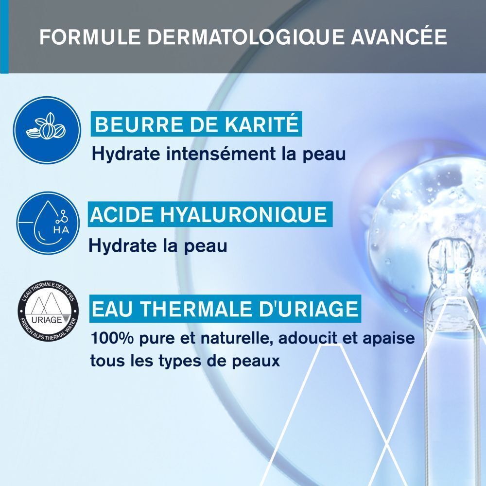 Ingrédients : Beurre de karité, acide hyaluronique, eau thermale d'Uriage. Flacon avec pipette.