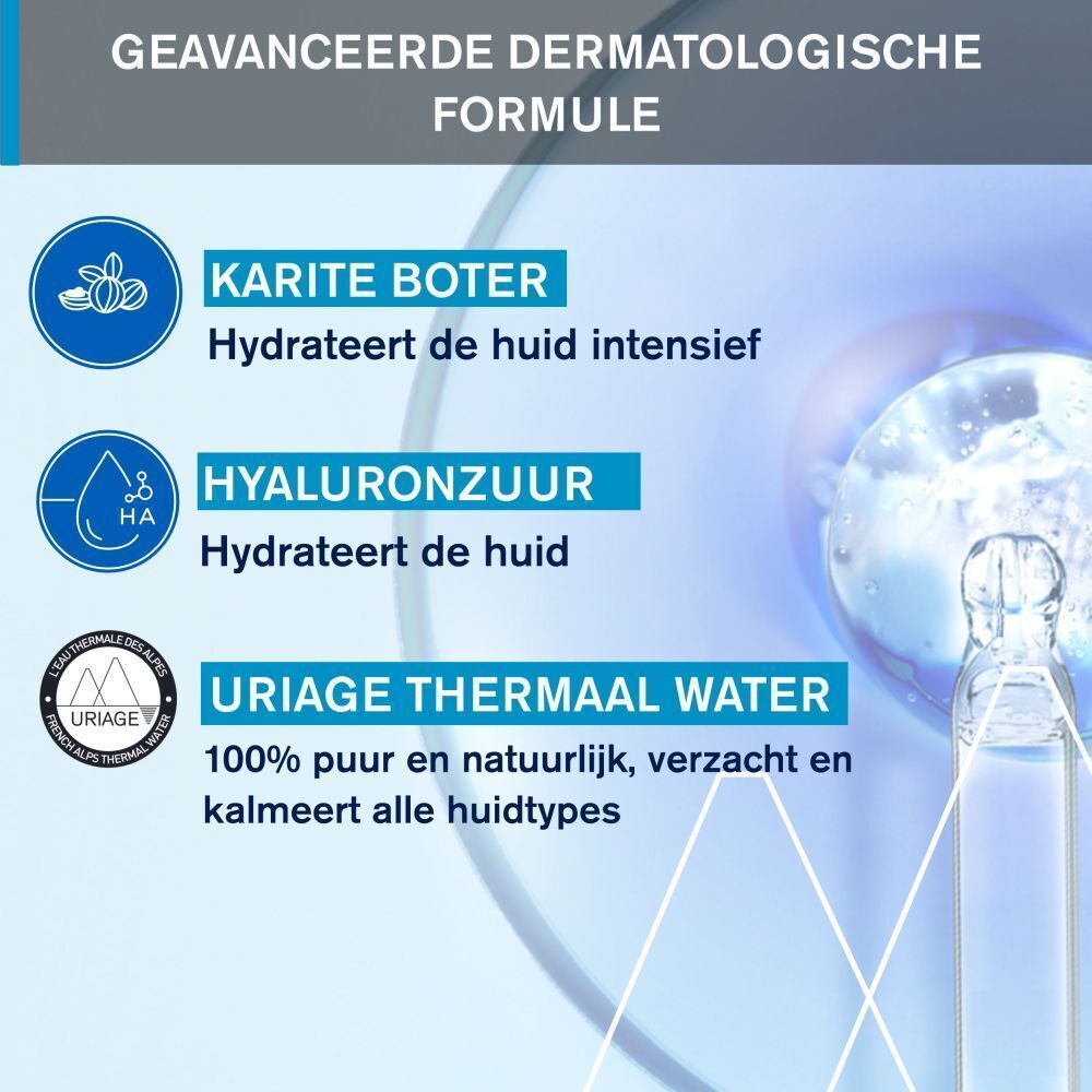 Ingrediënten: Karitéboter, hyaluronzuur, Uriage thermaal water. Fles met pipet.