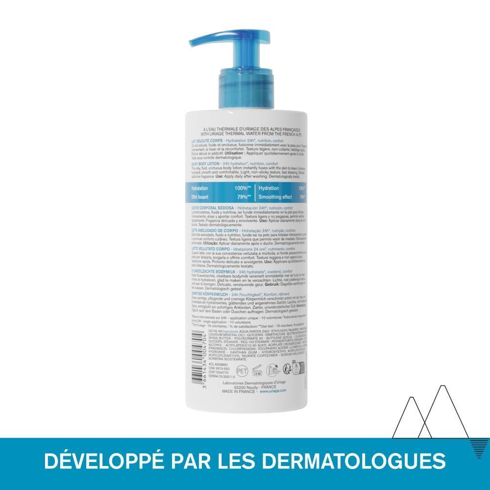 Dos du flacon Uriage Eau Thermale. Texte en plusieurs langues. Développé par des dermatologues.