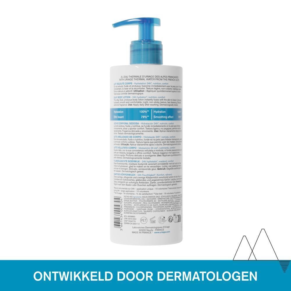 Achterkant van de Uriage Eau Thermale fles. Tekst in meerdere talen. Ontwikkeld door dermatologen.