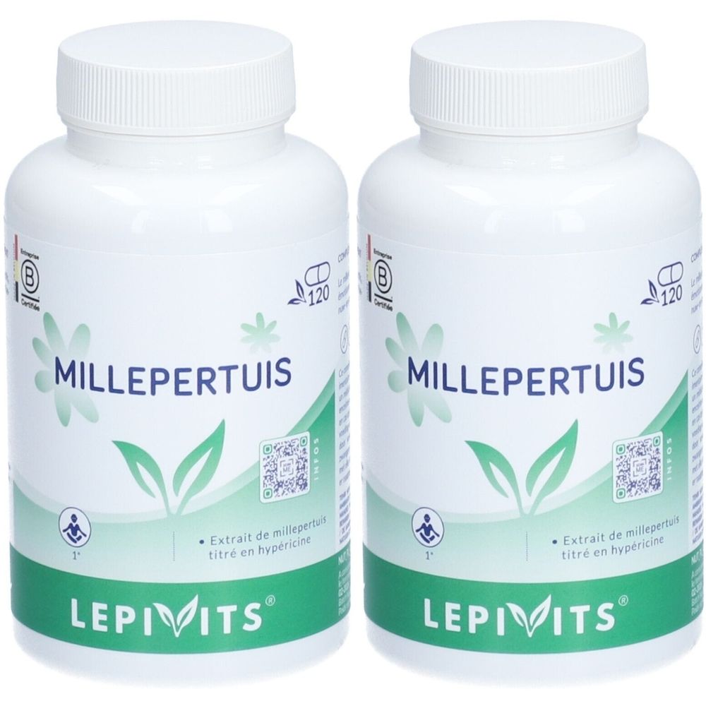 Twee witte flessen met de tekst "MILLEPERTUIS" en "LEPIVITS". Opschrift: "Extrait de millepertuis titré en hypéricine".