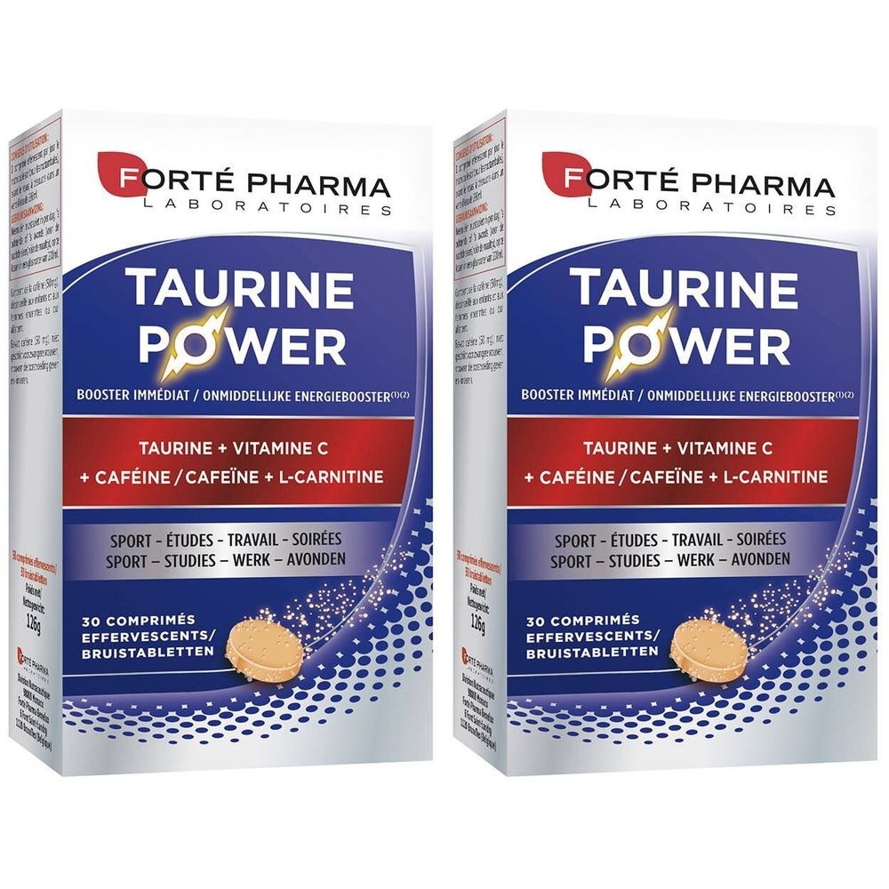 Twee dozen Forté Pharma Taurine Power. Blauw-witte verpakking met productnaam en ingrediënten.