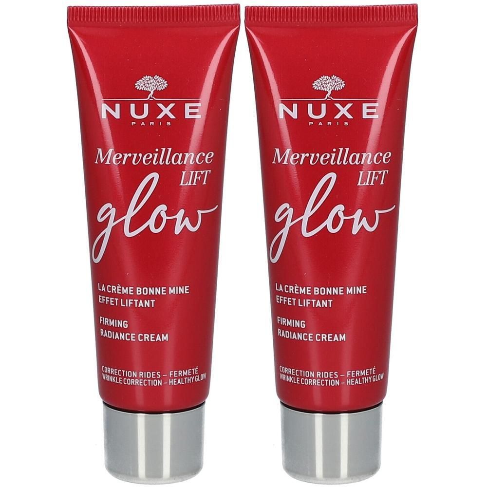 Twee rode tubes met witte tekst. Opschrift: Nuxe, Merveillance Lift glow. Crème Bonne Mine Effet Liftant.