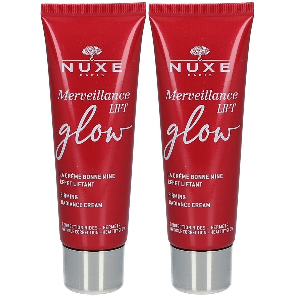 Deux tubes rouges avec texte blanc. Inscription: Nuxe, Merveillance Lift glow. Crème Bonne Mine Effet Liftant.