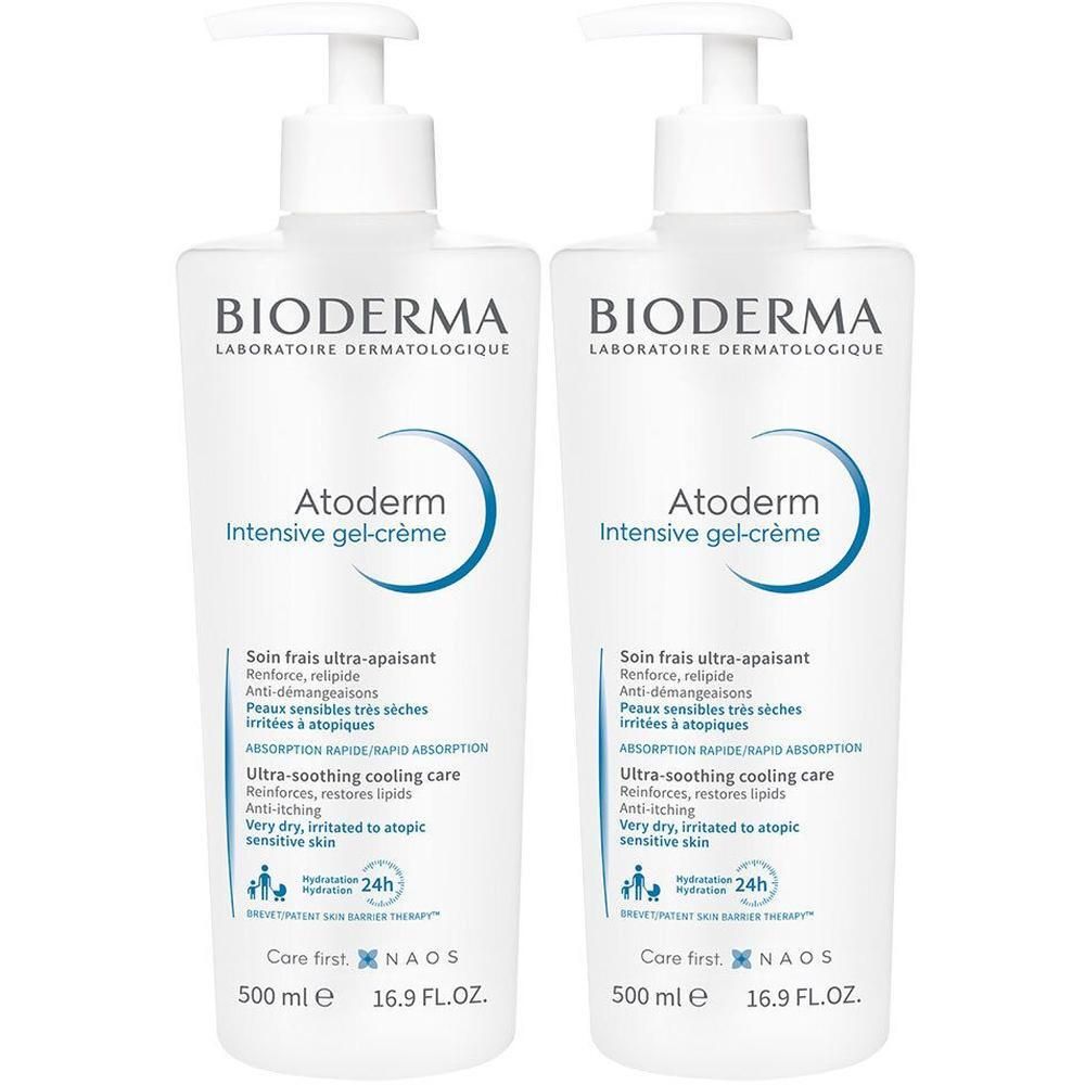 Deux flacons blancs de Bioderma Atoderm Intensiv-Gel-Creme avec pompe. Texte: Atoderm, 500 ml, 16.9 FL.OZ.