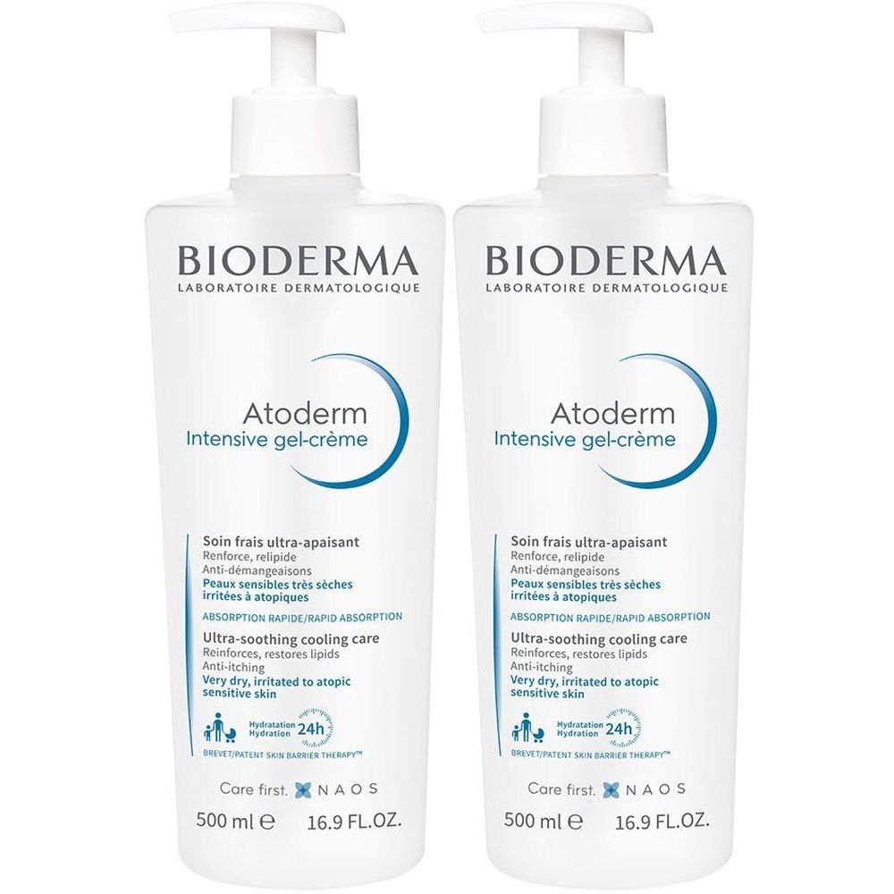 Deux flacons blancs de Bioderma Atoderm Intensiv-Gel-Creme avec pompe. Texte: Atoderm, 500 ml, 16.9 FL.OZ.