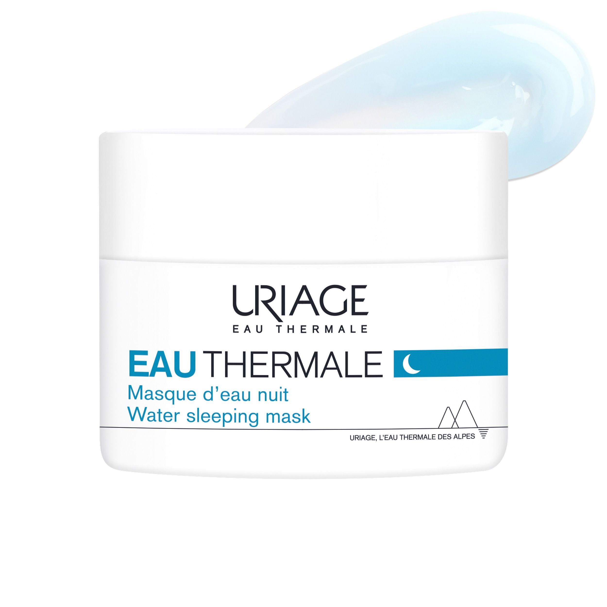 Deux pots blancs avec texte bleu. Inscription: Uriage Eau Thermale, Masque d'eau nuit, Water sleeping mask.