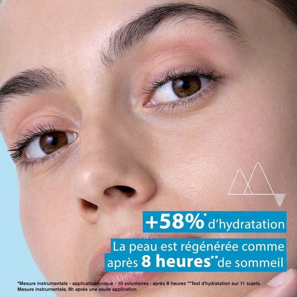 Gros plan sur un visage avec du gel. Texte: Texture gel-soyeuse, Effet rafraîchissant, Masque de nuit désaltérant.