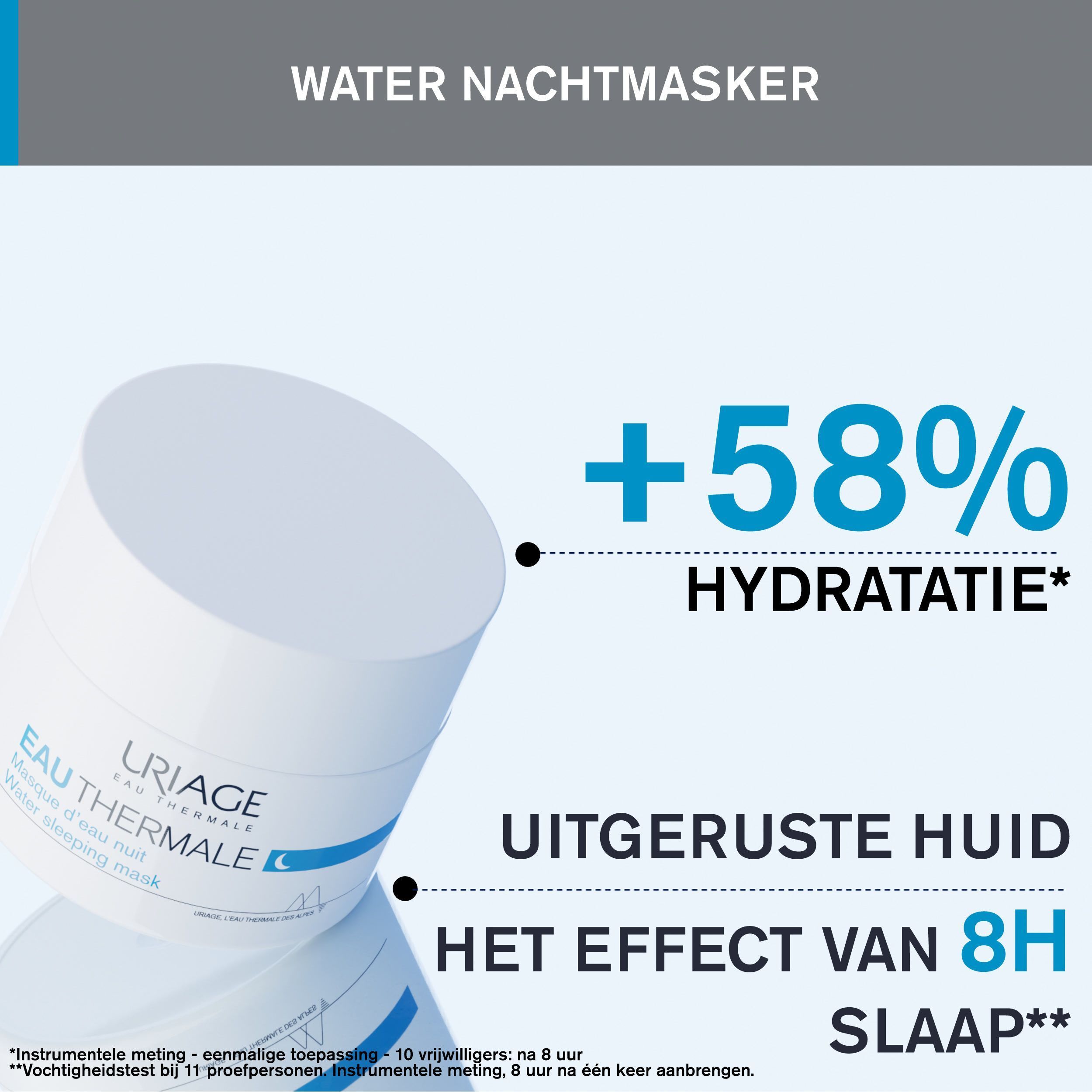 Close-up van een gezicht met gel. Tekst: Zijdachtige geltextuur met verkoelingseffect, Dorstlessend slaapmasker.
