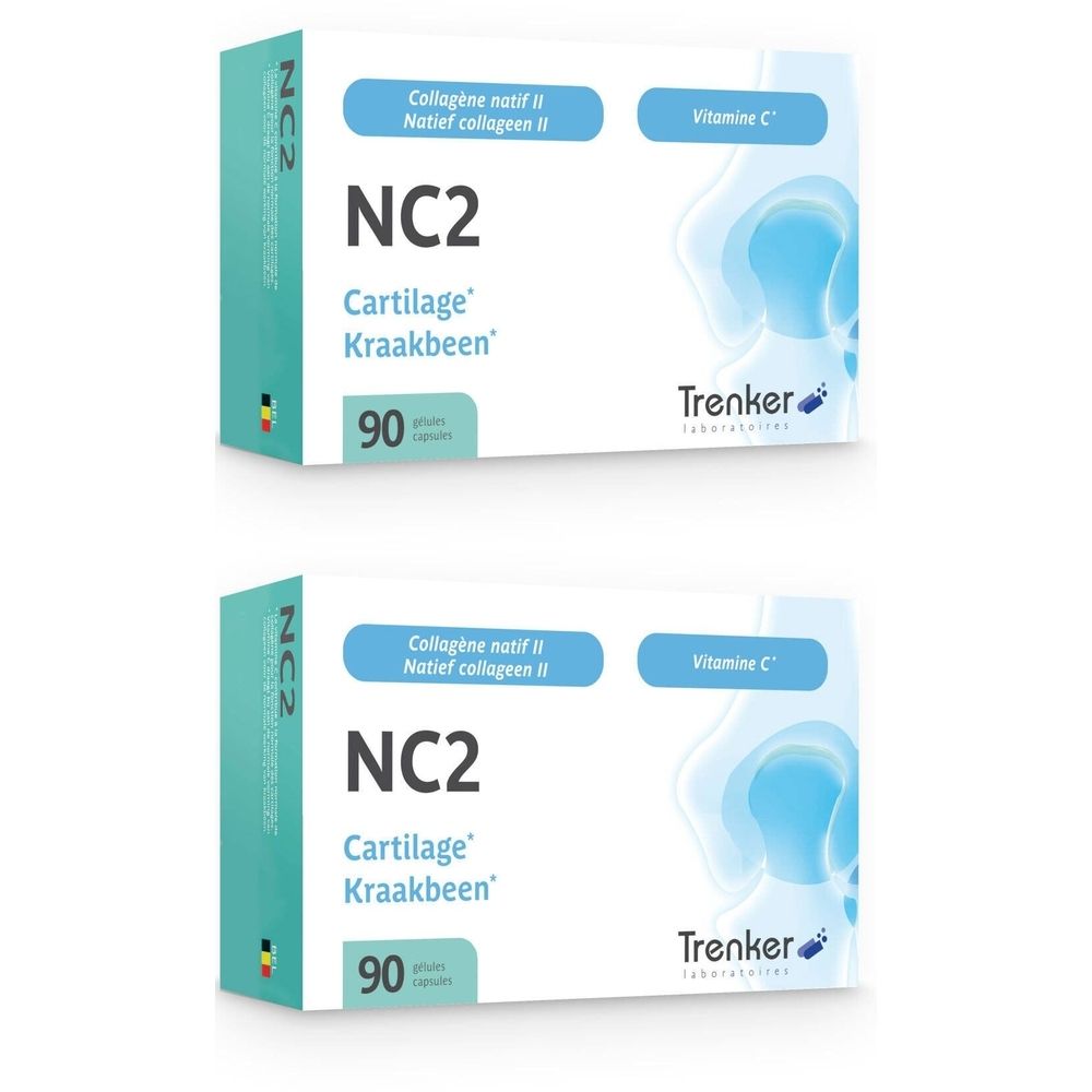 Twee dozen NC2 Cartilage. Opschriften: Collagène natif II, Vitamine C, 90 capsules. Merk: Trenker.
