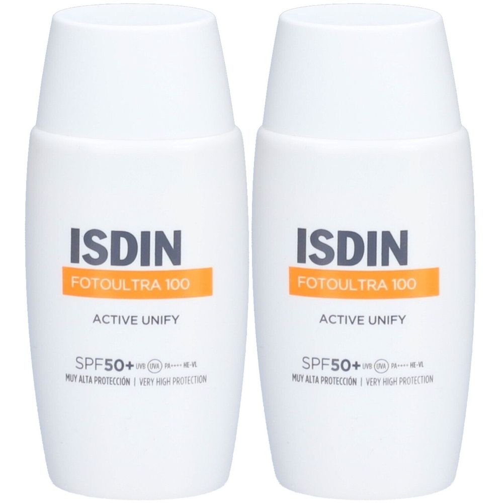 Twee witte flessen met oranje etiketten. De etiketten tonen ISDIN, FOTOULTRA 100, ACTIVE UNIFY en SPF50+.