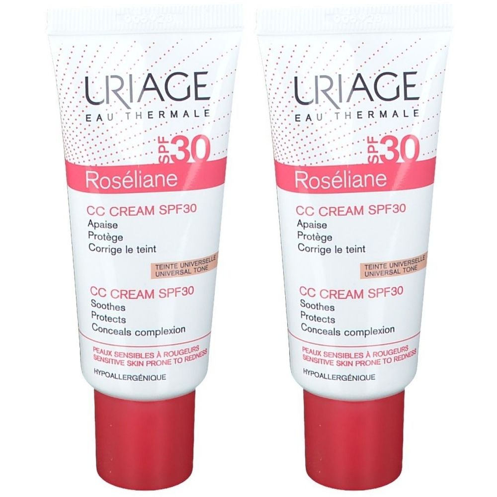 Twee tubes Uriage Roséliane CC Cream SPF30. Wit, roze accenten. Tekst: CC Cream, SPF30.