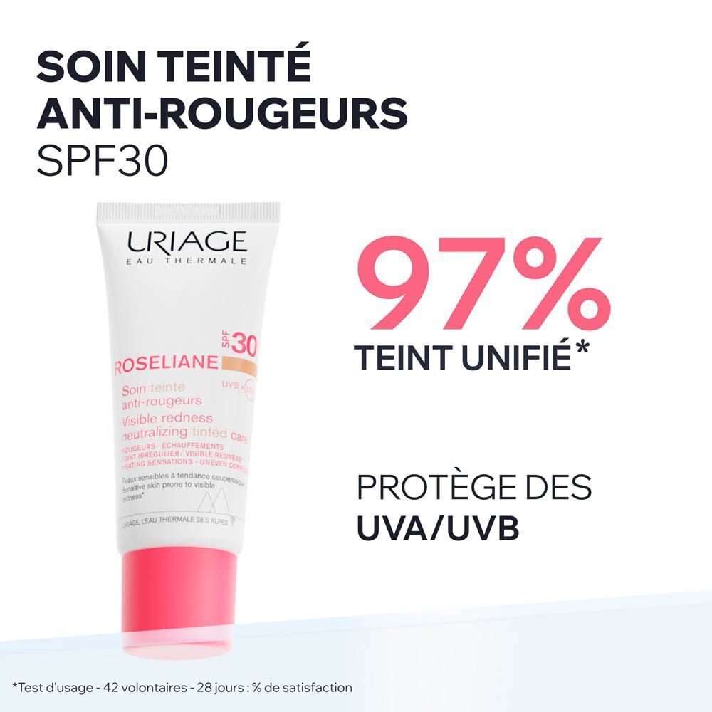Uriage Roséliane soin teinté anti-rougeurs SPF30. Texte: 97% teint unifié. Protège des UVA/UVB.