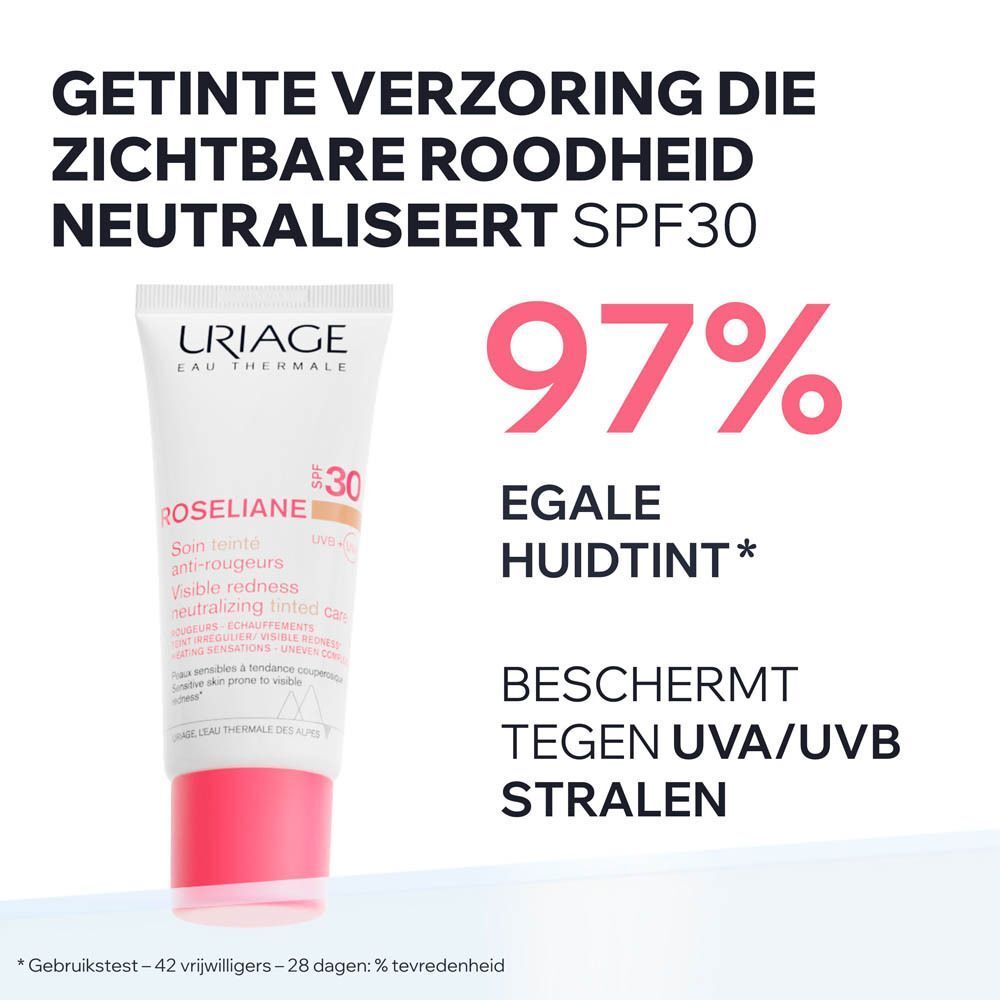 Uriage Roséliane getinte anti-roodheid verzorging SPF30. Tekst: 97% egale huidtint. Beschermt tegen UVA/UVB.