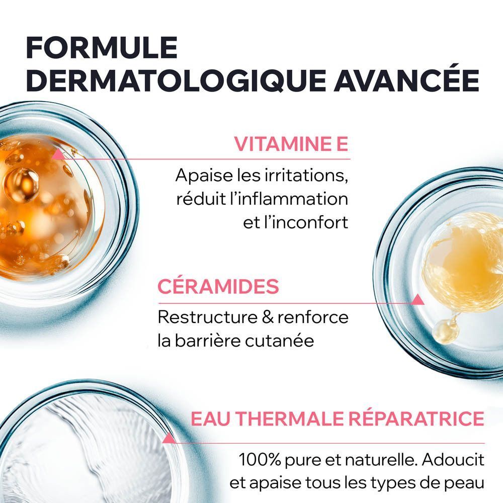 Gros plan de récipients de laboratoire. Texte: Vitamine E, Céramides, Eau Thermale Réparatrice.