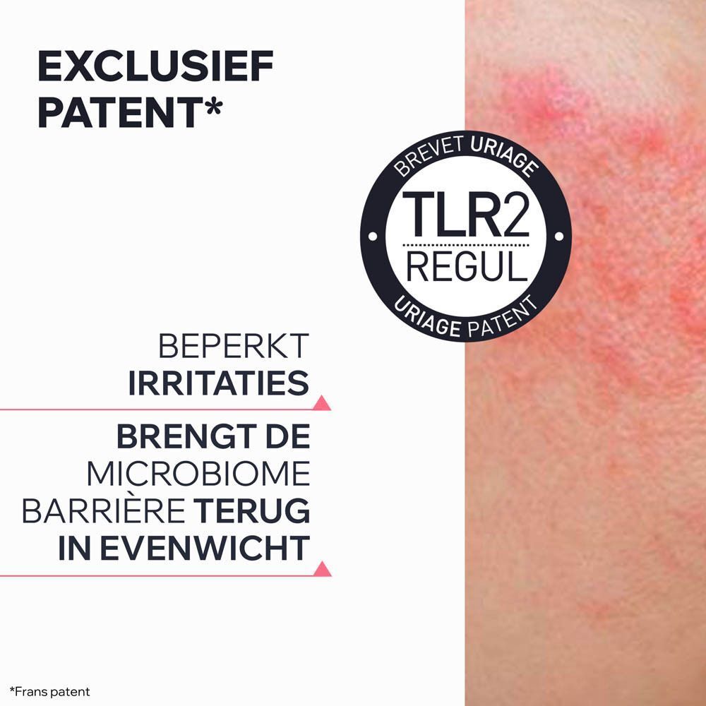 Close-up van een huidgedeelte. Tekst: Exclusief patent, TLR2 Regul, beperkt irritaties.