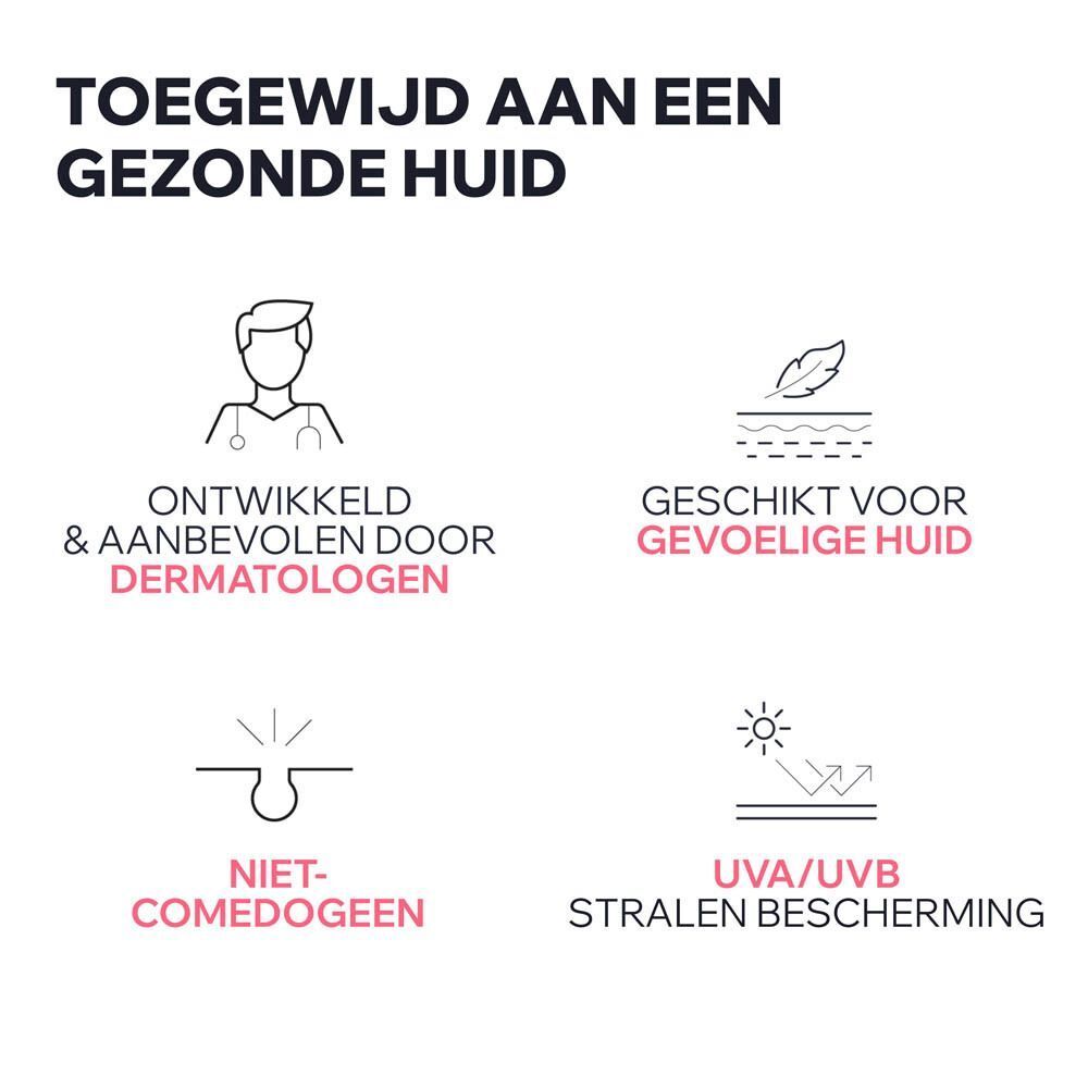 Symbolen: Dermatologen, gevoelige huid, niet-comedogeen, UVA/UVB-bescherming.