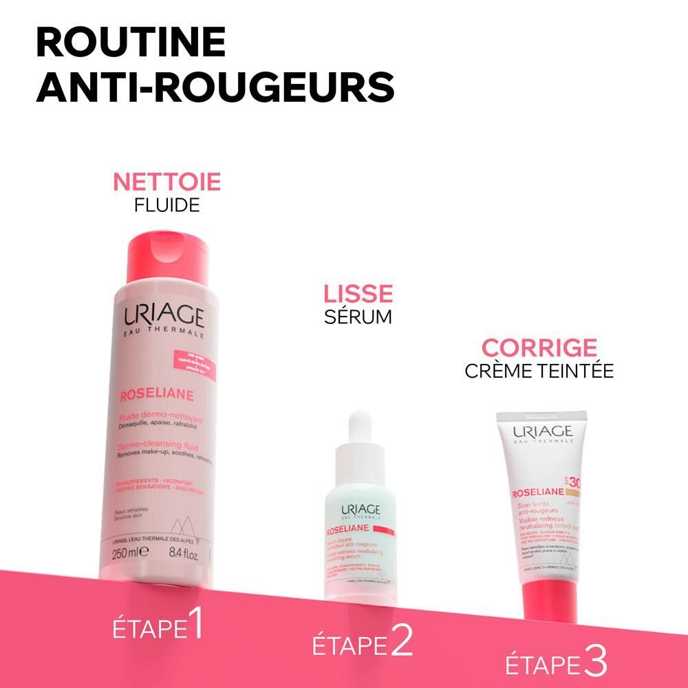 Trois produits: Fluide nettoyant, sérum, crème teintée. Texte: Étape 1, 2, 3.