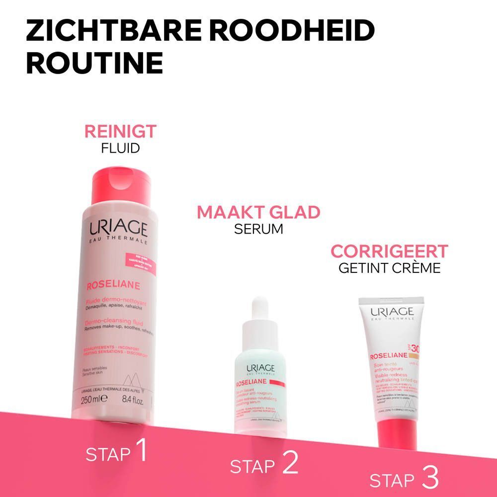 Drie producten: Reinigingsfluid, serum, getinte crème. Tekst: Stap 1, 2, 3.